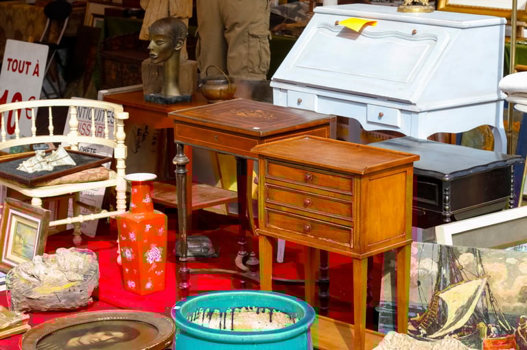 Second hand furniture and other interior furnishings at the flea market