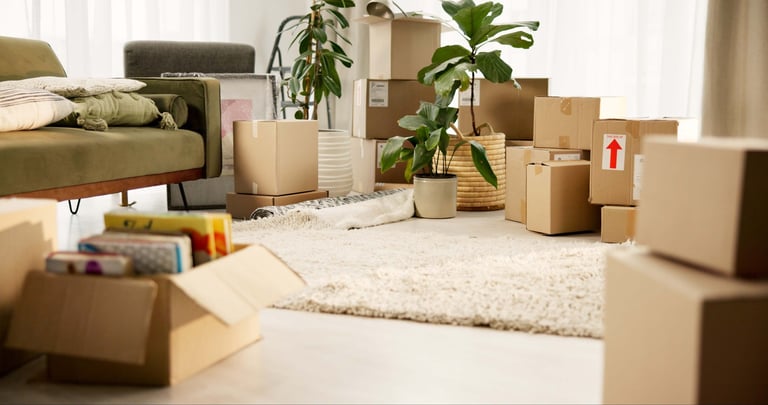 Room, boxes and moving in house, representing concept of moving and real estate