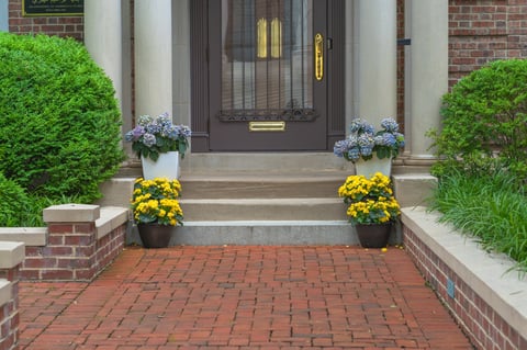 A beautiful brick house entryway is decorated with potted hydrangeas and bright yellow flowers lining the steps