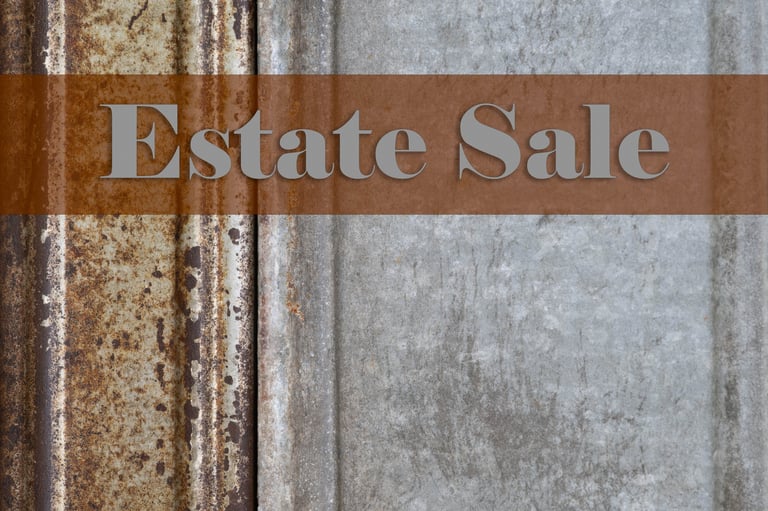 Estate sale sign or banner with text on a rusty metal background