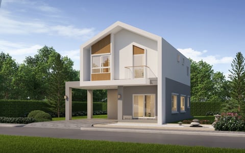 Modern Two-Story House with Beautiful Garden and Green Surroundings